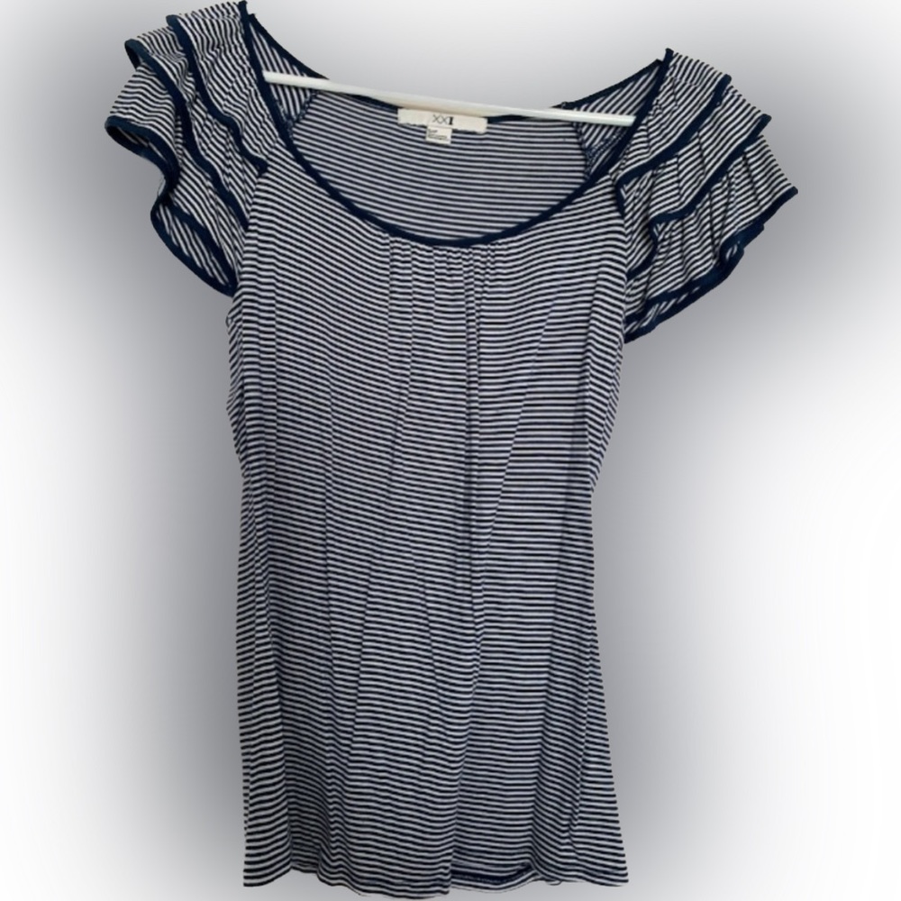 Forever21 navy and white striped top with ruffle sleeves